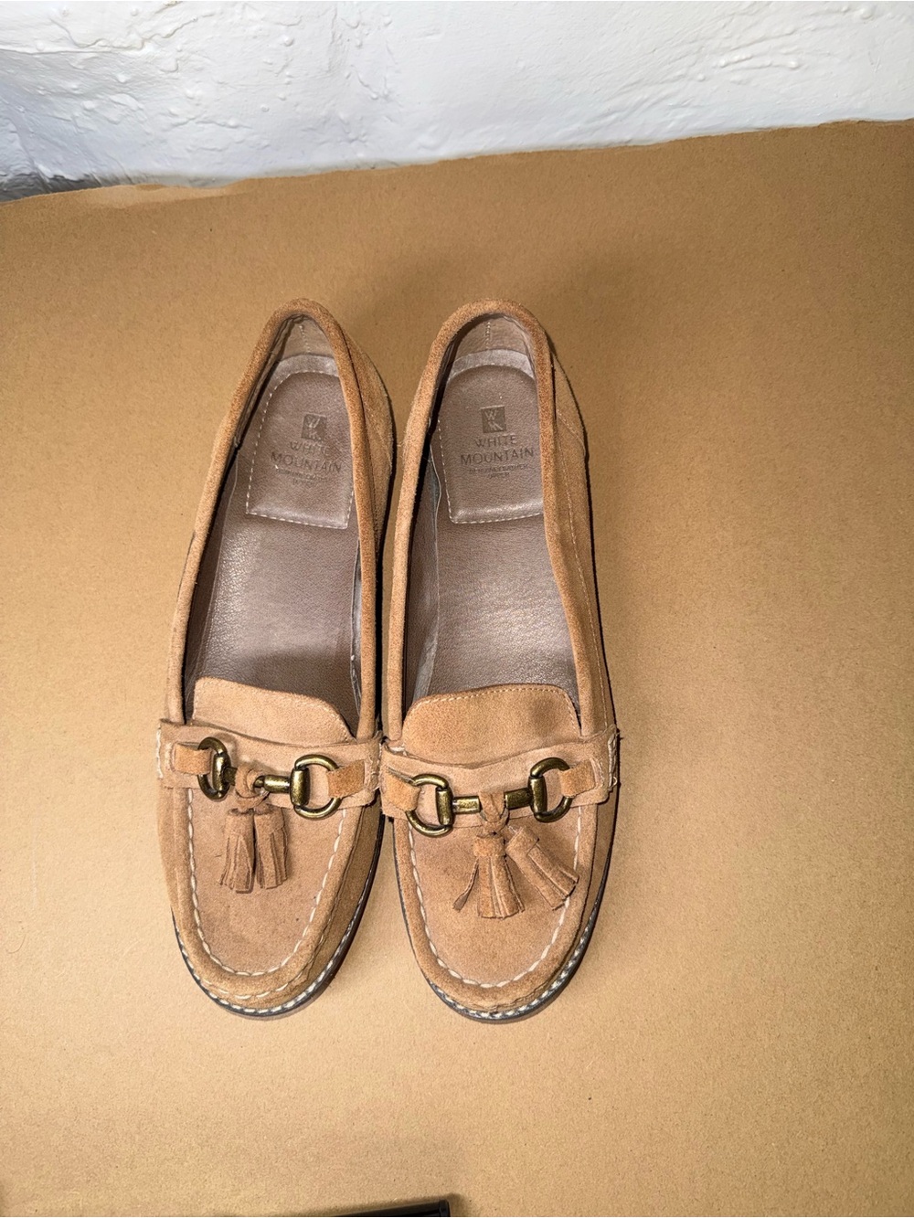White Mountain Tan Suede Tassel Loafers with Gold Bit